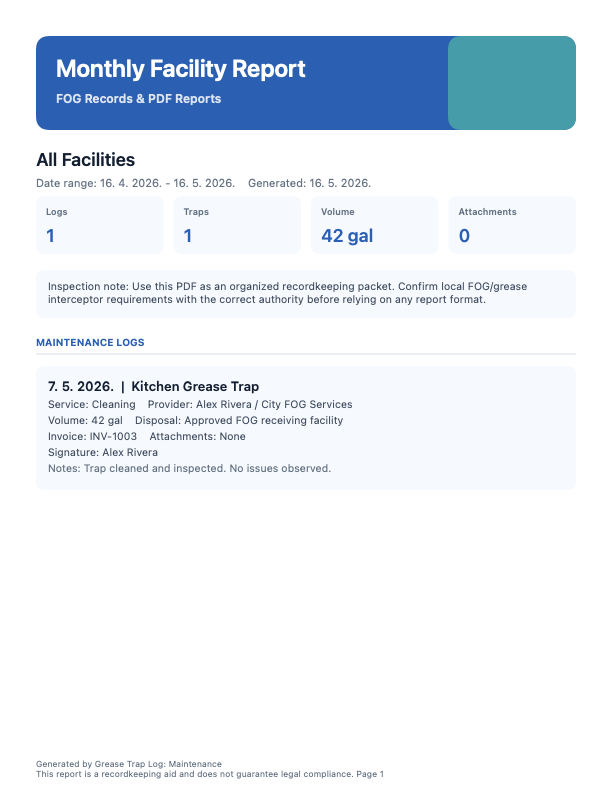 Preview of a Grease Trap Log: Maintenance PDF report