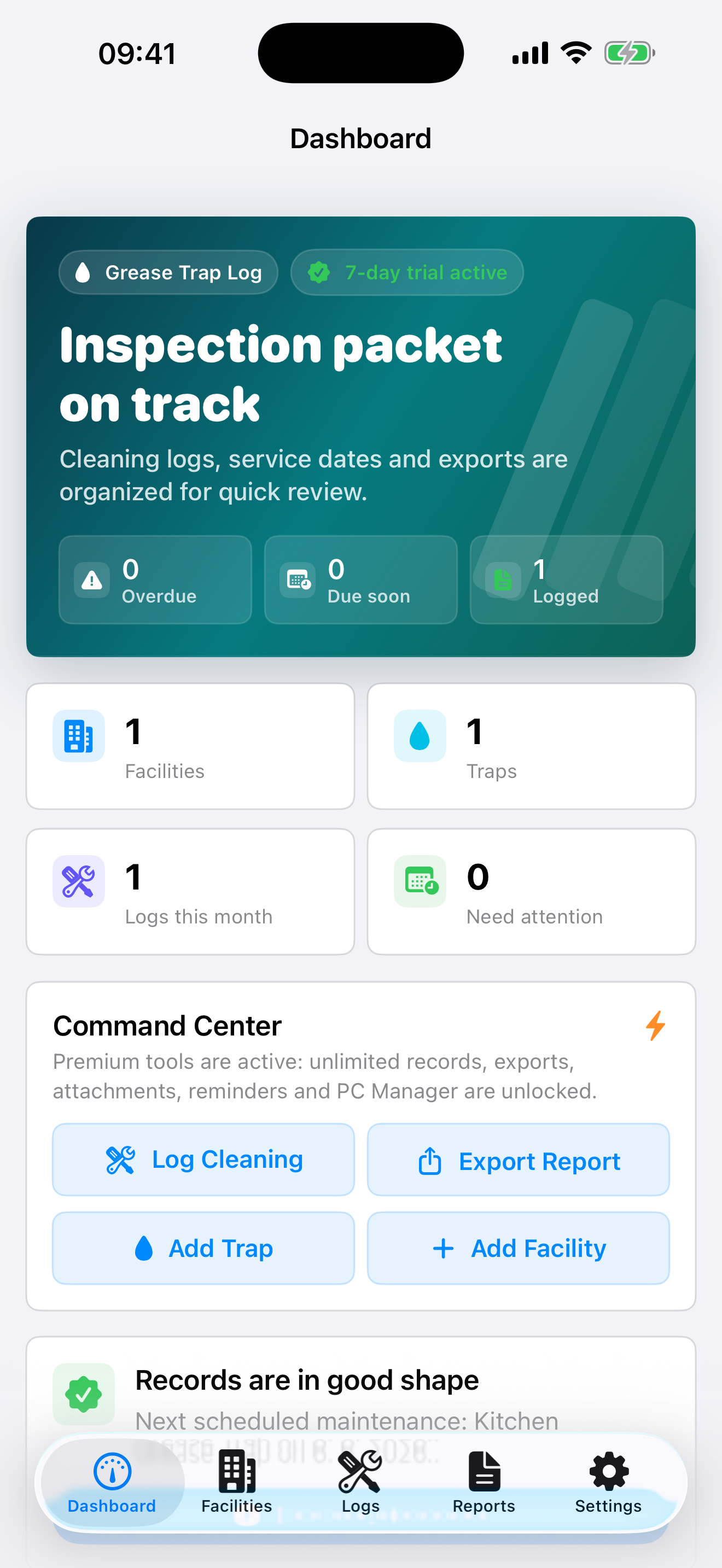 Grease Trap Log: Maintenance dashboard screenshot