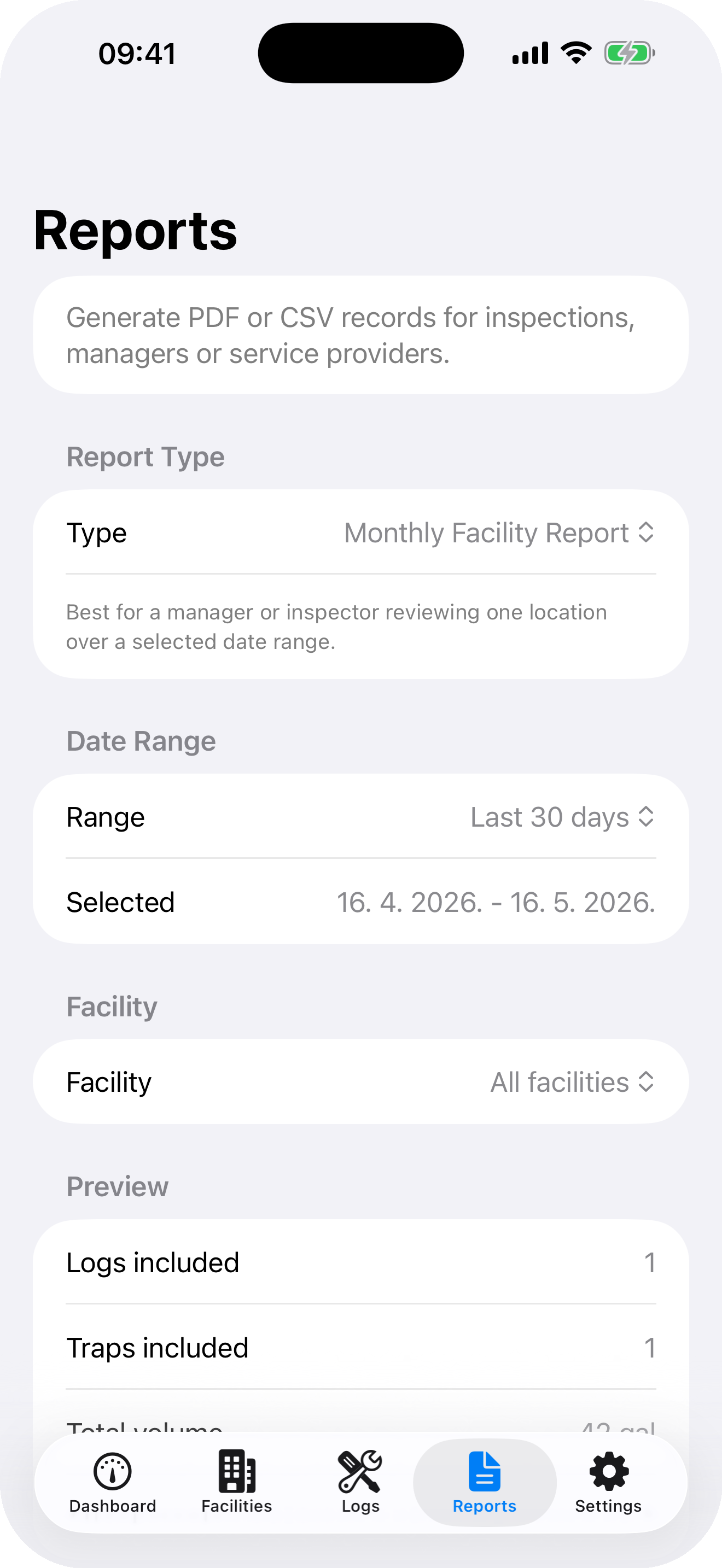 Reports screenshot from Grease Trap Log: Maintenance
