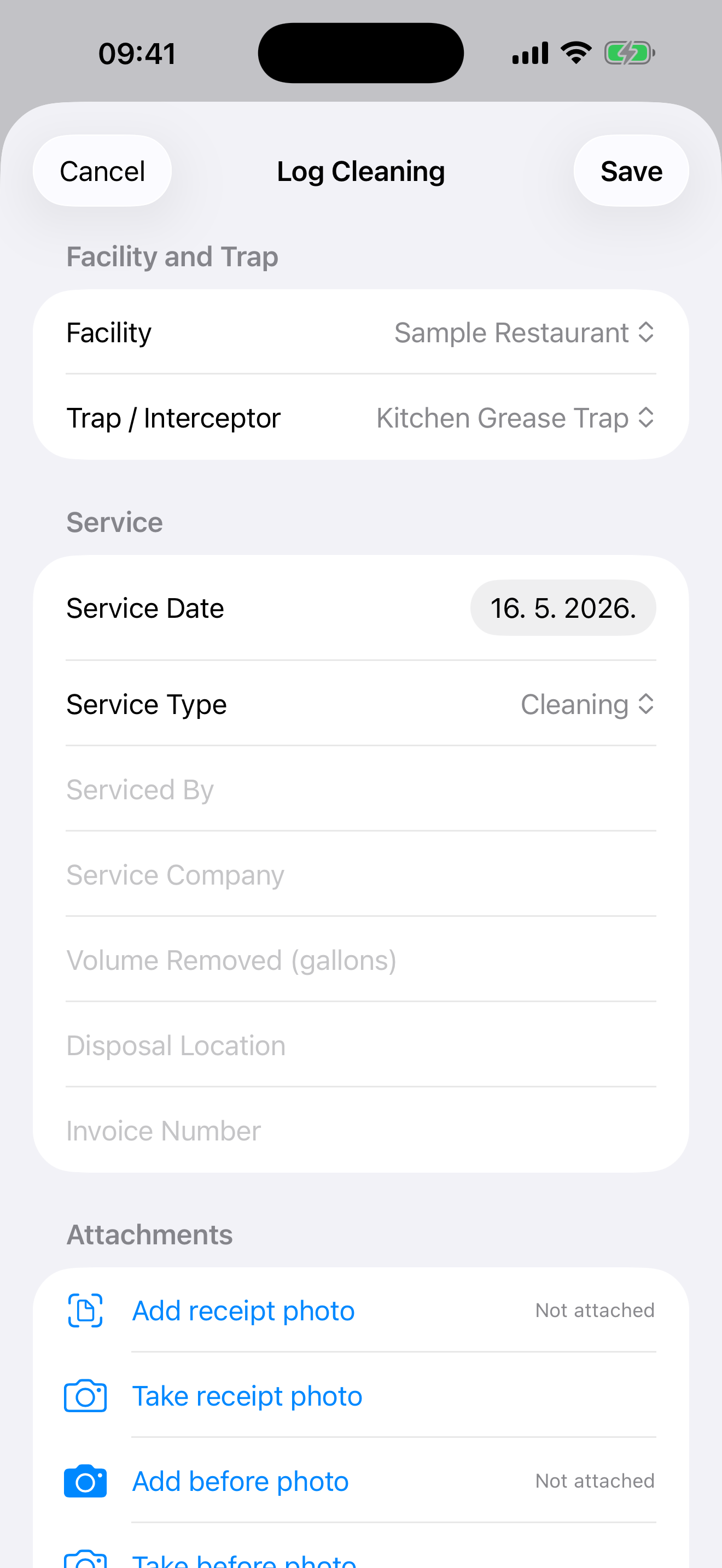 Grease Trap Log: Maintenance cleaning form screenshot