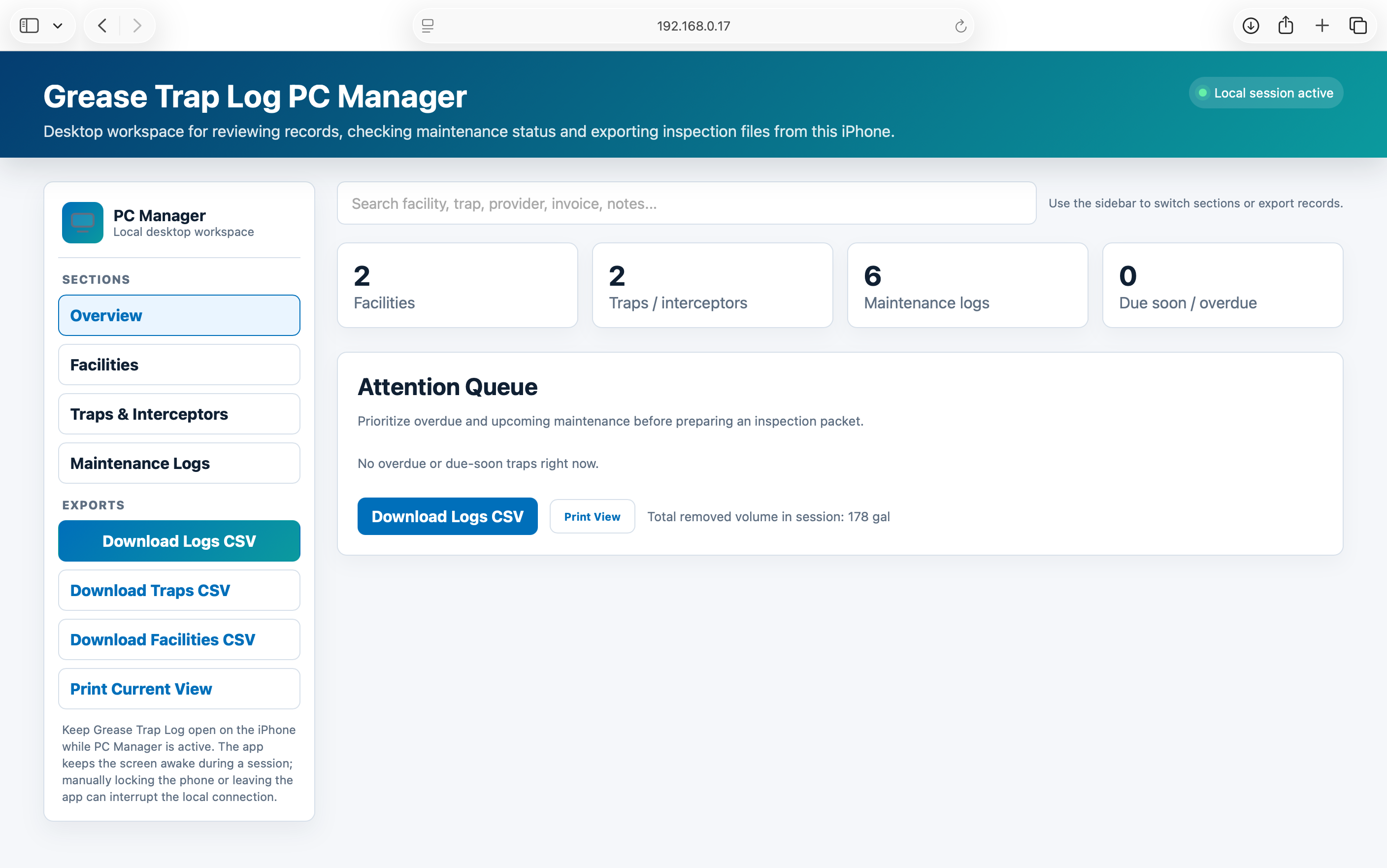 Grease Trap Log PC Manager running in Safari