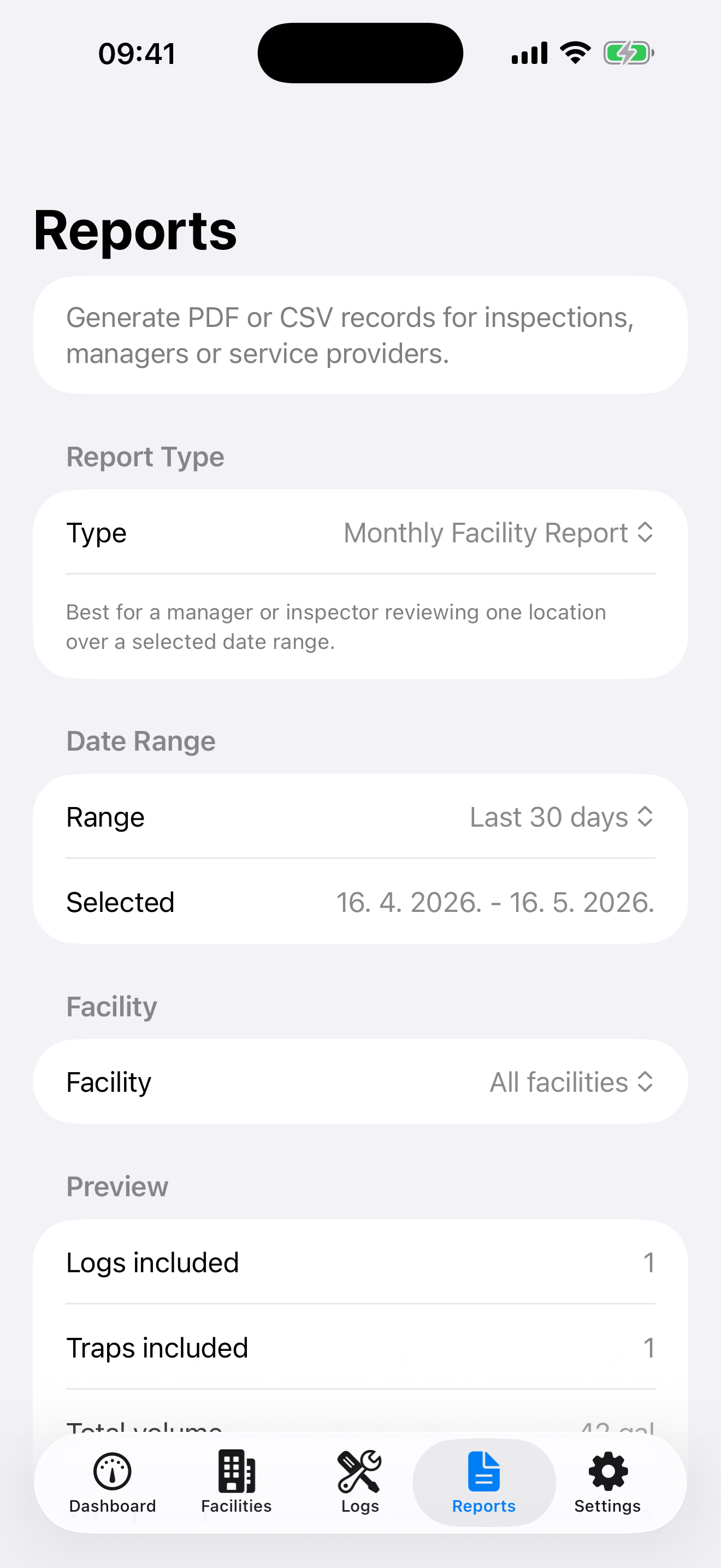Grease Trap Log: Maintenance reports screenshot
